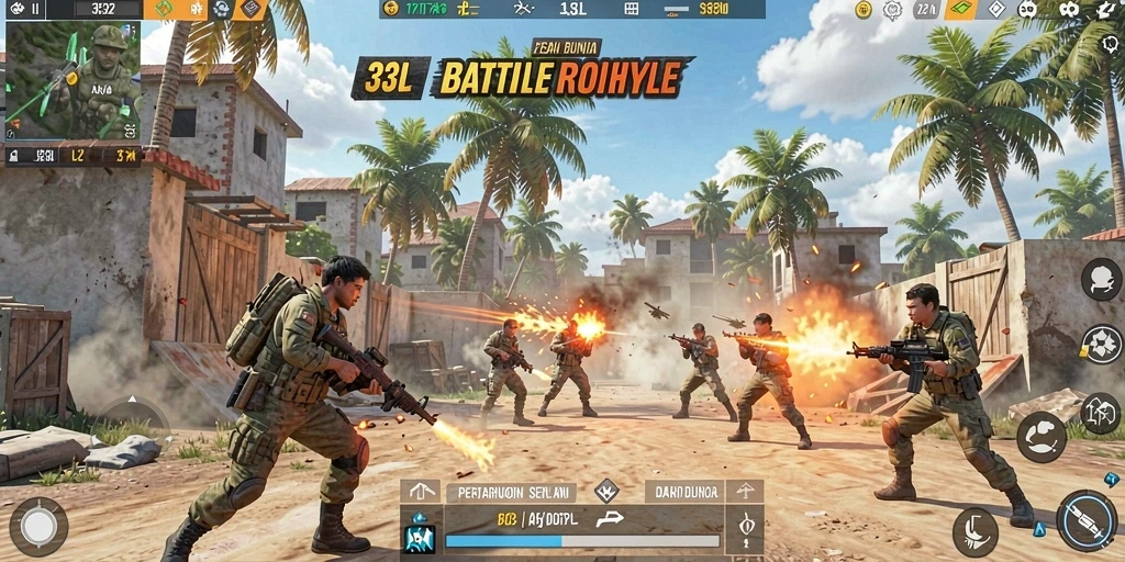 Screenshot utama 33L menampilkan aksi dramatis di medan perang Battle Royale.