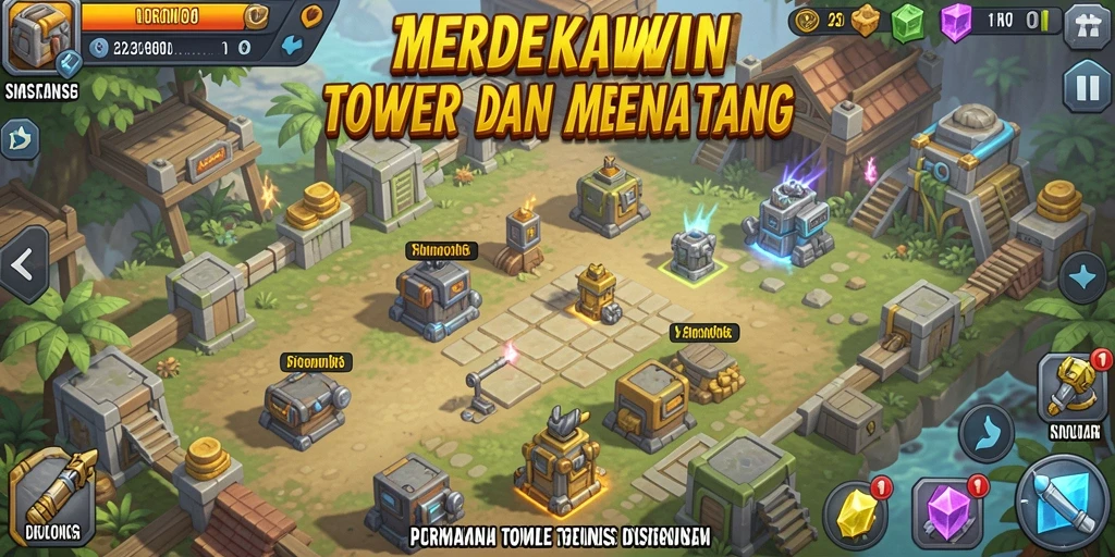 Screenshot gameplay MERDEKAWIN menampilkan menara yang siap menghalau gelombang musuh.