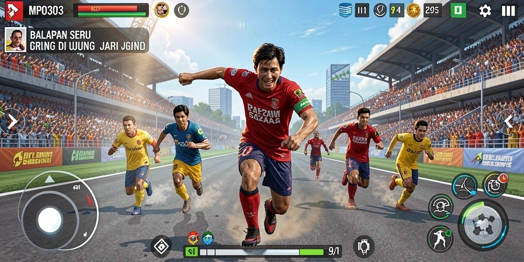 Tampilan gameplay MPO303 dengan mobil balap yang melaju cepat di lintasan.