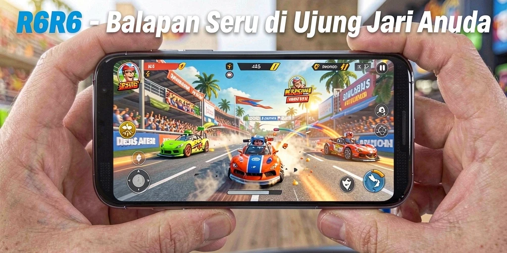 Screenshot gameplay R6R6 menampilkan mobil balap melaju kencang di lintasan.