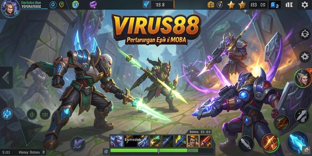 Screenshot utama VIRUS88 menampilkan karakter beraksi di arena MOBA.