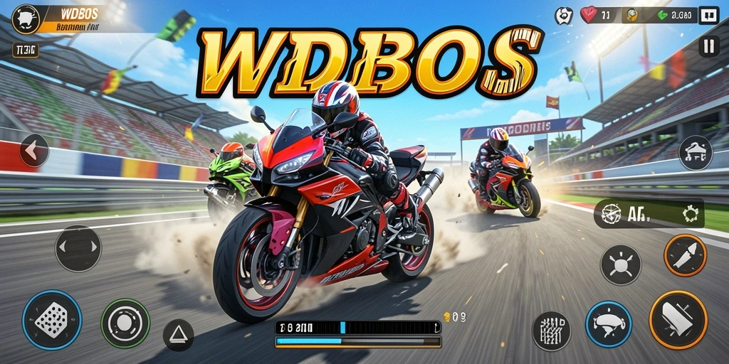 Tampilan gameplay seru WDBOS dengan balapan motor yang menantang.
